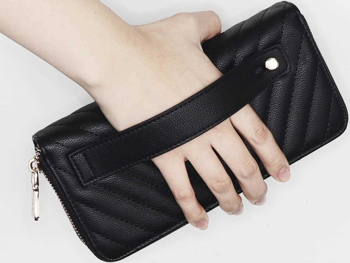 Vegan Leather Double Zipper Pocket Wallet with Grip Hand Strap Chevron Embroidered BlackZ250910