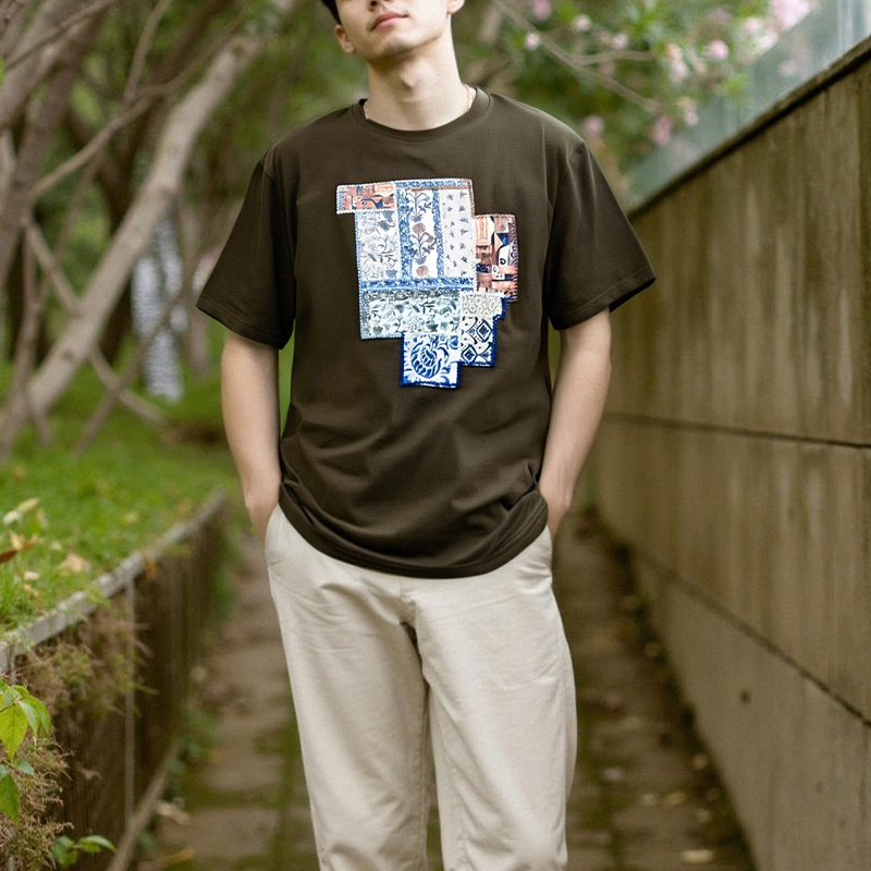 T-Shirt Brown Short - Sleeve T - Shirt with Retro Patchwork Pattern, Fashion Trendy Casual Top