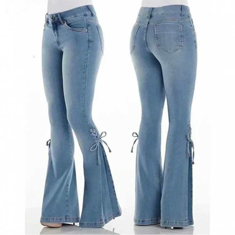 Full Length Flare Pants Women Jean Washed Denim Pants Zipper Fly Loose Fit Pockets High Waist Basics Lace Up Vintage Solid Z250910