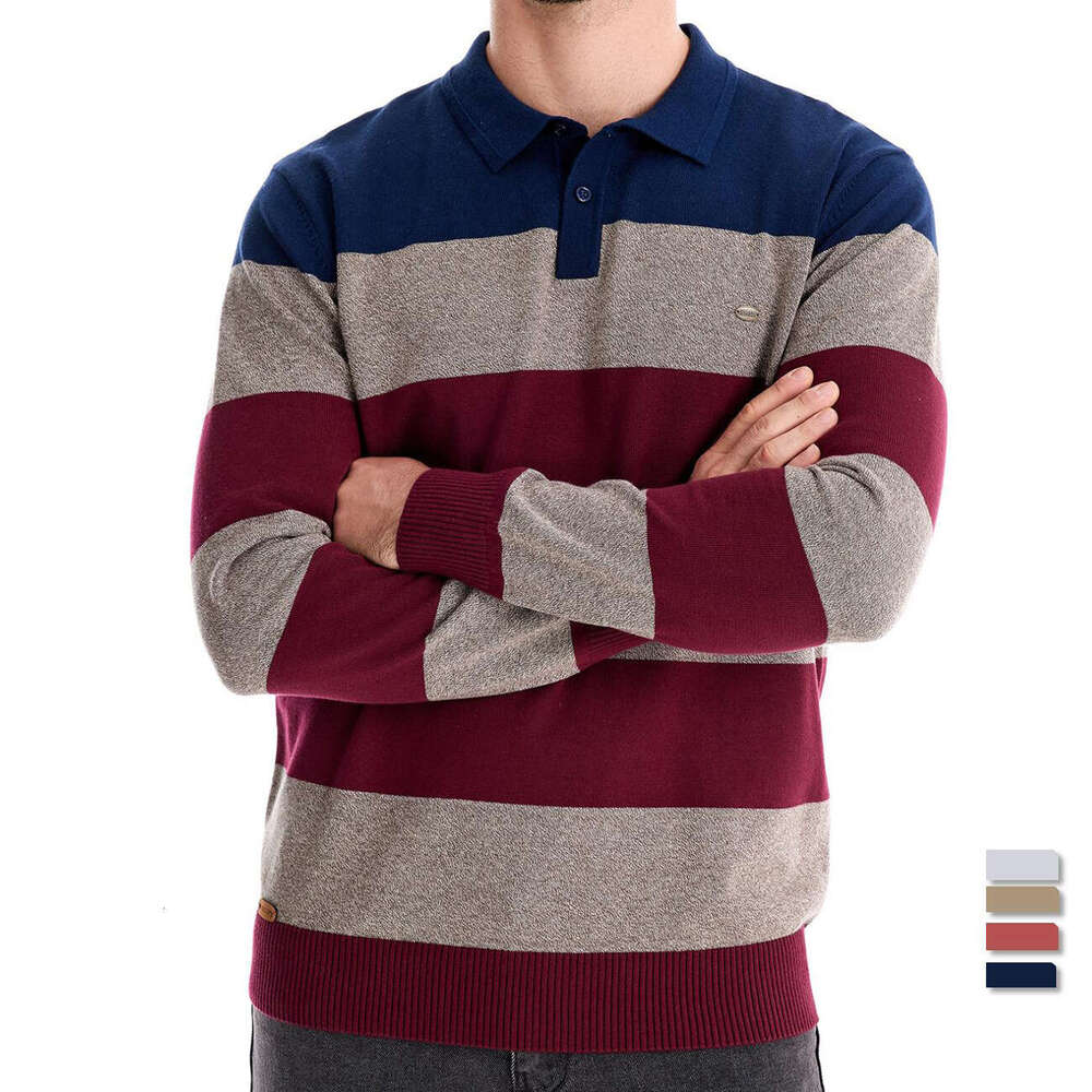 2024 Autumn New Long Sleeve Polo Collar Slim Fit Lapel Striped Patchwork Men's European Size Knitted Sweater