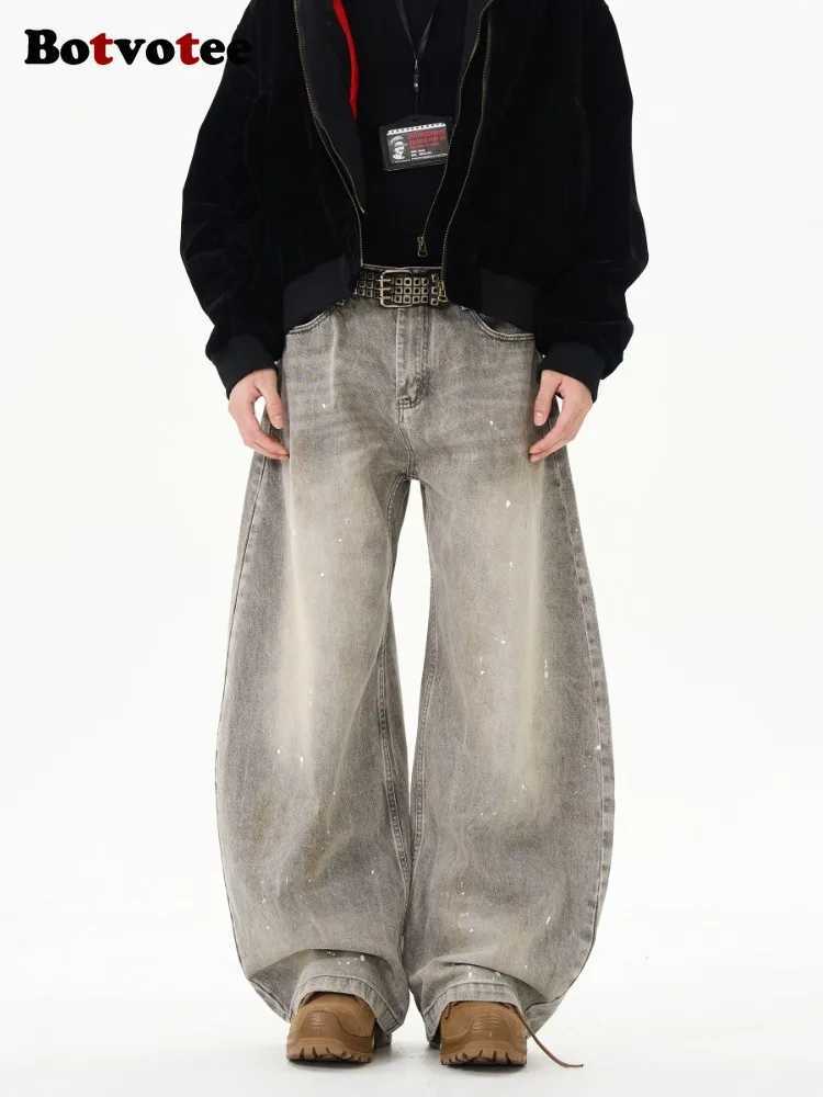 Botvotee American Vintage Splatter Paint Gray Baggy Jeans for Women High Waisted Wide Leg Y2k Loose Streetwear Jean Denim Pants Z250910