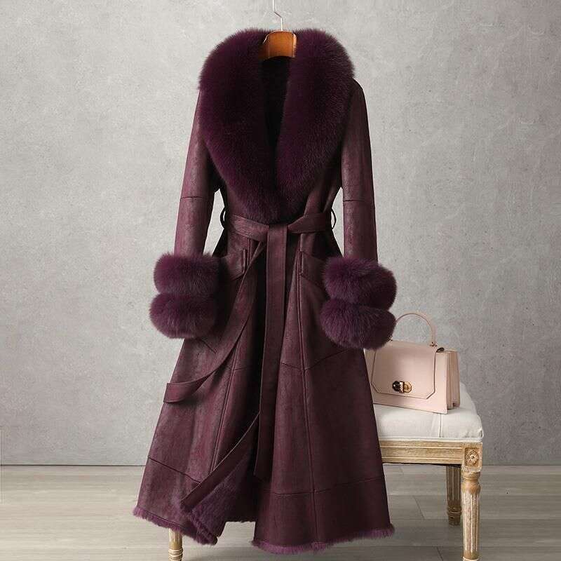 Women's Clothing Rabbit 2024 New Mid Length Women's Over The Knee Fox Fur Collar Coat Slim Fit
