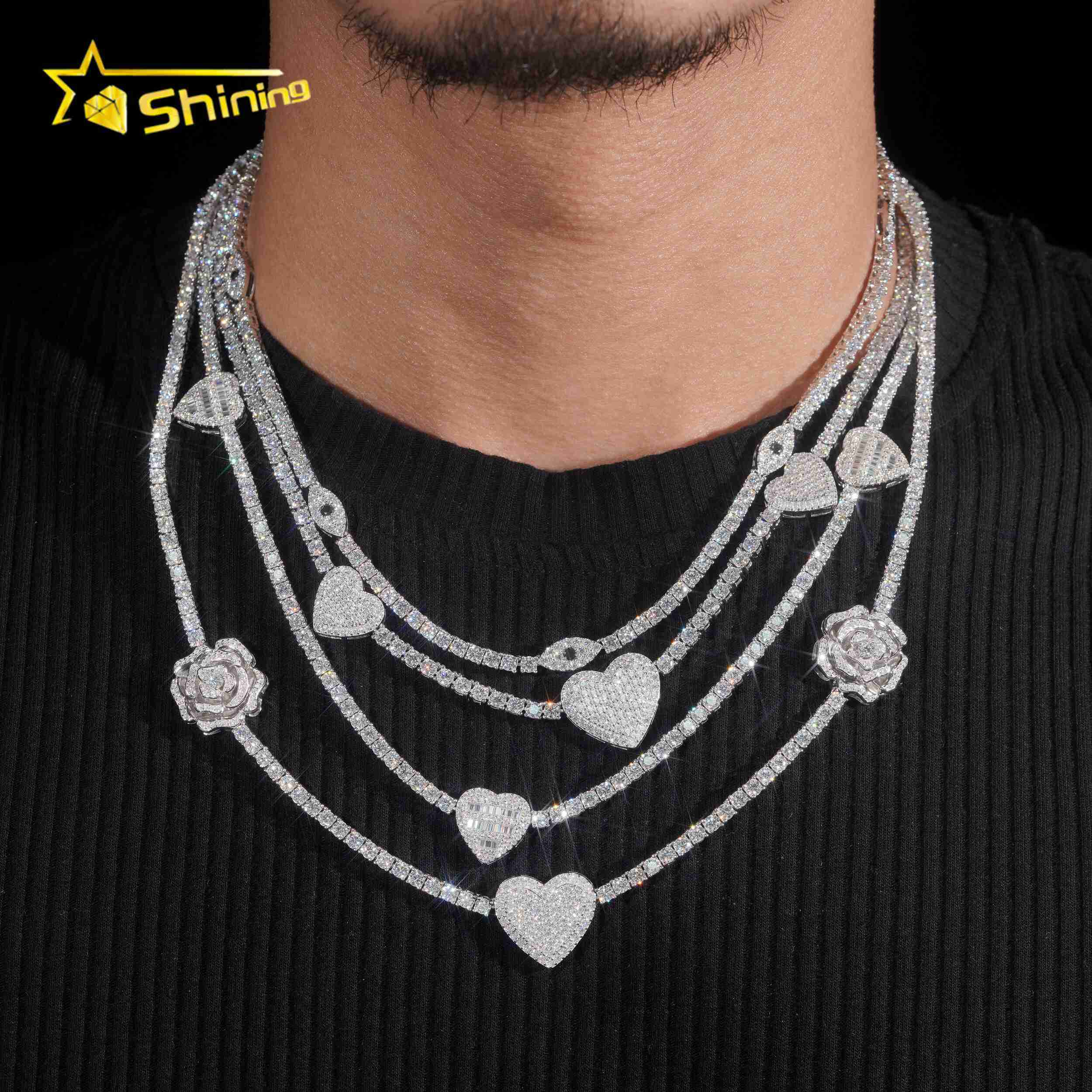 Iced Out Bling Vvs1 D Color Moissanite Diamond Tennis Chain Necklace With Heart Rose Eye Charms