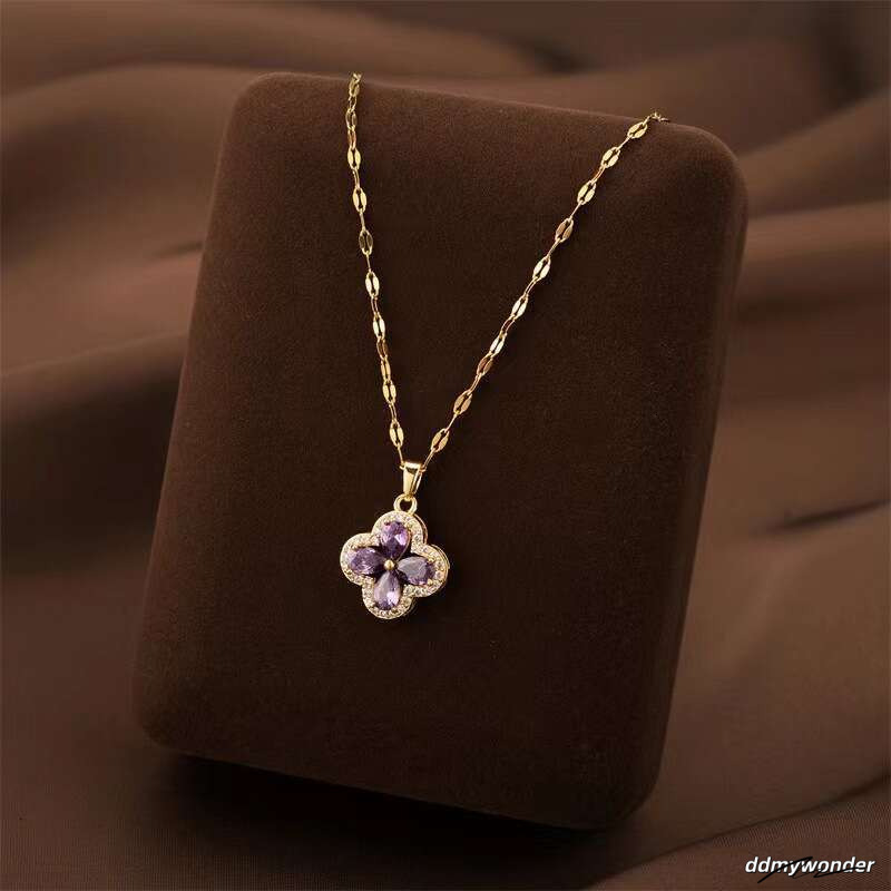 New Violet Four-Leaf Clover Necklace Fashion Versatile Clavicle Chain For Women Light Design High-End Feel ddmywonder ddmywonder ddmywonder