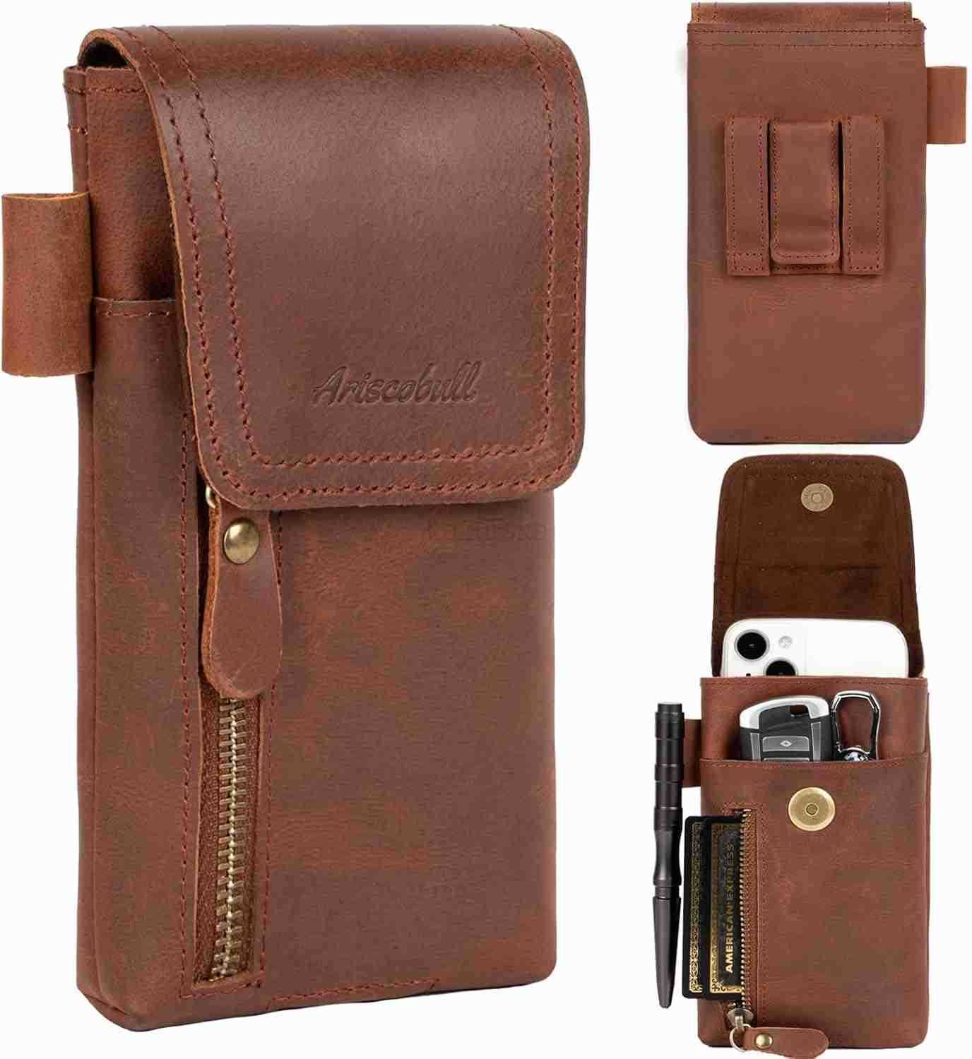 Leather Phone Holster Genuine FullGrain Buffalo Leather Cell Phone Holsters for iPhone 16 15 14 13pro S24 S23 S227 X 35 Coffee Z250910