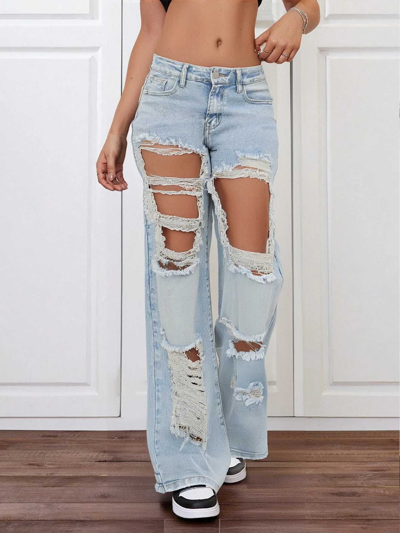 Womens Light Blue Distressed Wide Leg Jeans Extreme Ripped Style Z250910
