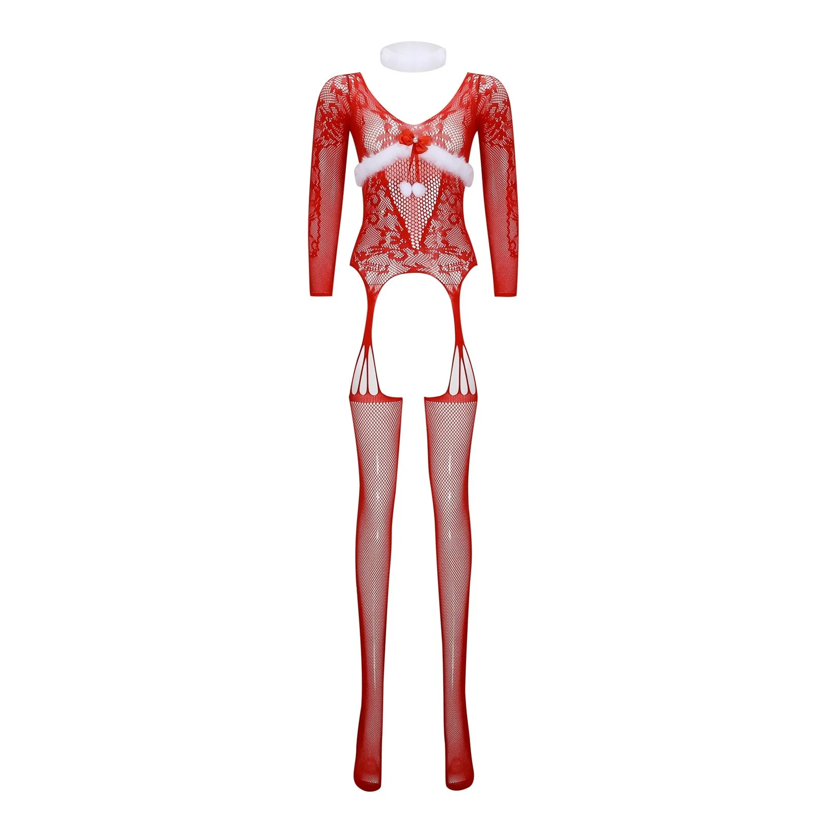 Festive Feminine Fantasywear: Cozy Holiday-Inspired Fishnet Jumpsuit with Undergarment Features Christmas Sexy Hollow Passion Role Play Red Tights Und
