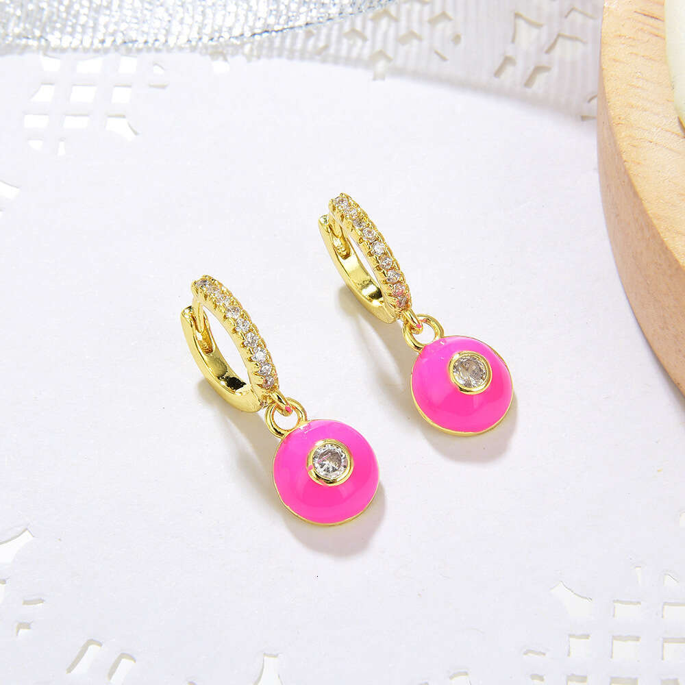 Ethnic Style Geometric Round Copper Micro Inlaid Zircon Gold for Women Fashion OL Oil Drop Earrings Single Sale