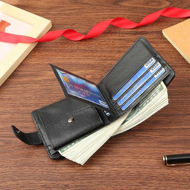 Wallet for Men Bifold Styles Fasten with Leather Belt Button Larger Capacity Multiple Card Slots with Coin PackeTCard Photo Holder Zipper wallets with