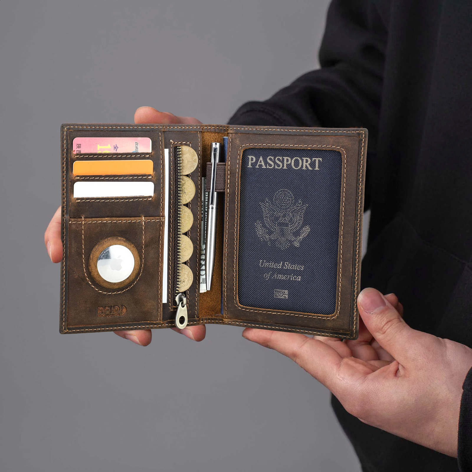 CONTACTS Genuine Leather Travel Wallet with Passport Holder RFID Blocking Card Holder Antilost Purse Mens Wallet250906