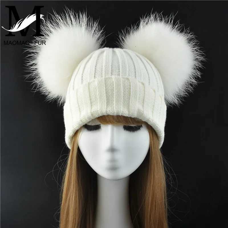 Winter Real Fur Ball Beanie Hat for Women Ladies Fluffy Double Natural Raccoon Fur Pom Skullies Beanie Hat With 2 Fur PompomXJ250910