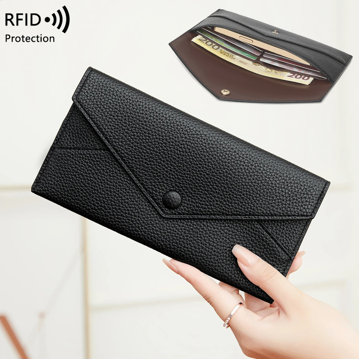 RFID AntiTheft Purse for Women Lychee Print Soft Leather Envelope Long Wallet Ultrathin Portable Simple Hand Bag250906