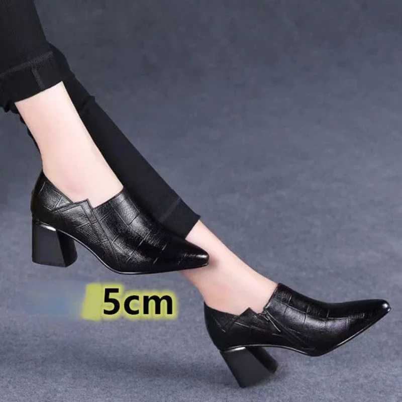 Highheeled Shoes Womens 2025new Allmatch Thickheeled Pointed Leather Shoes Midheeled Black Professional Shoe Womens Shoes W250910