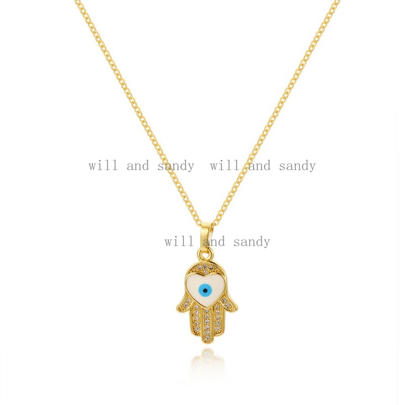 Non Tarnish Gold Evil Eye Necklace Charm 18K Gold Plated Stainless Steel Designer Necklaces Cubic Zirconia Hamsa Hand of Fatima Necklace for Woman Fin