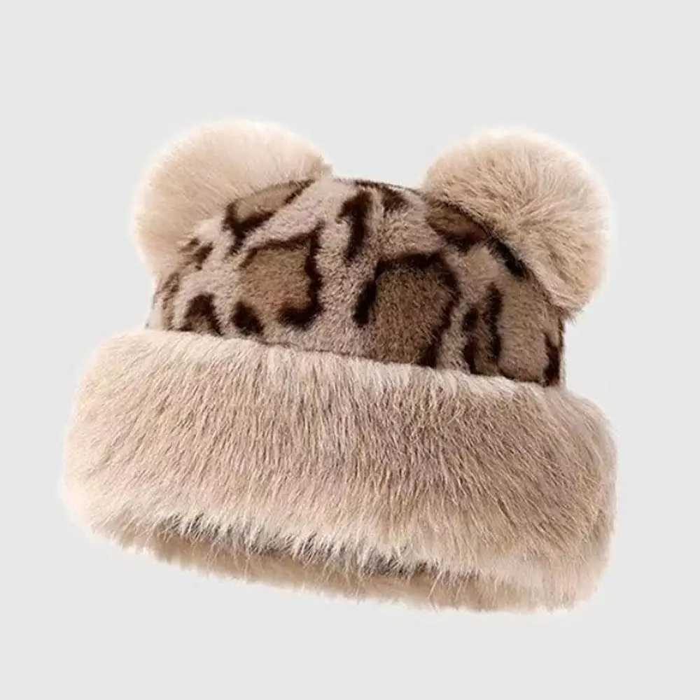 Ear Protection Russian Hat Leopard Print Fluffy Fur Winter Hat Outdoor Snow Ski C Bear Ears Plush Thick Warm Bucket HatXJ250910