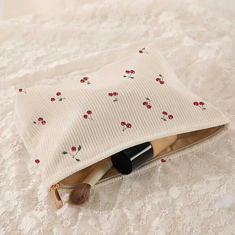 Fashion Cherry Printed Corduroy Makeup Bag Large Capacity Lightweight Zipper Makeup Storage Box Multifunctional Bag with LiningXJ250910