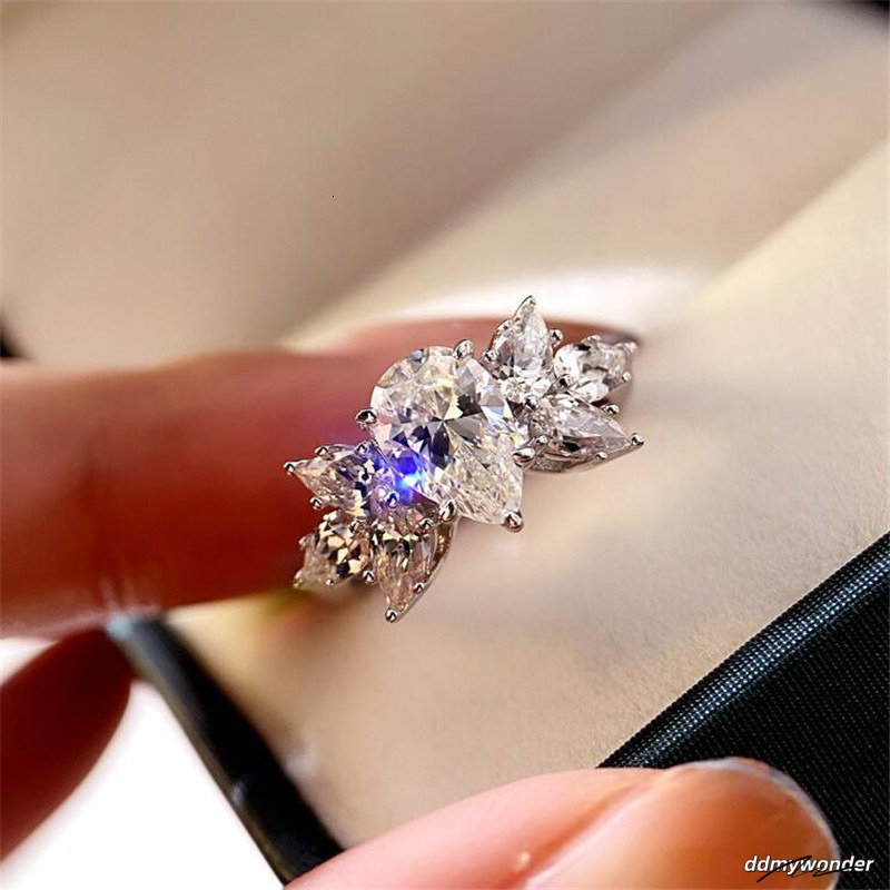 Ins Spakrling Handmade Sweet Cute Wedding Ring Jewelry Sterling Sier Water Drop 5A Zircon CZ Dia Gemstonens Women Engagement Band Rings Gift ddmywonde