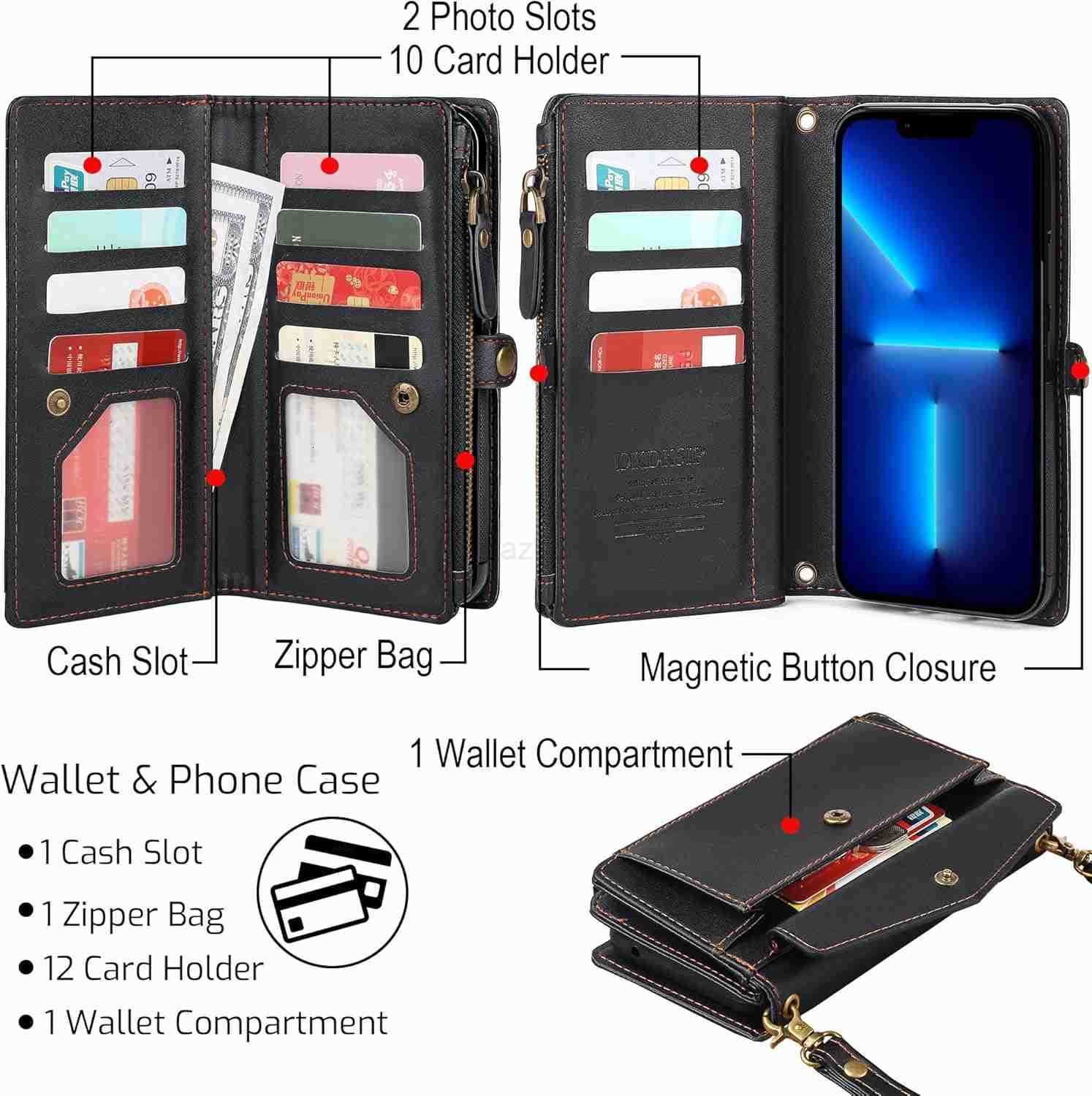 for iPhone 16 Pro Wallet Case for Women Support Wireless Charging with RFID Blocking Card Holder PU Leather Wallet Detachable Magnetic Phone Case Cros