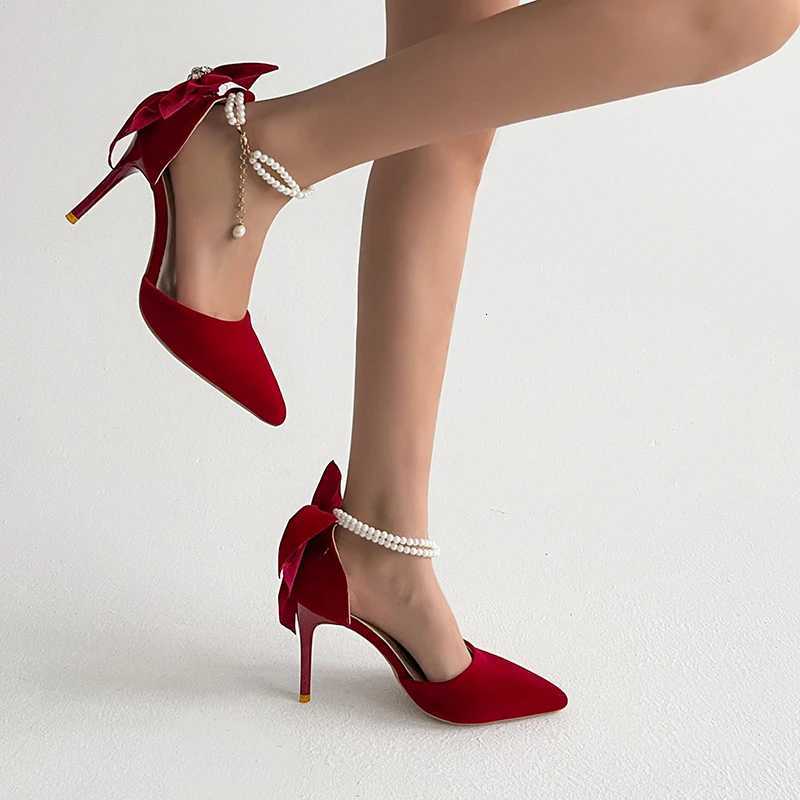 Red wedding shoes new pointy stiletto high heels female shallow mouth bow pearl one word buckle strap two wear bride shoes W250910