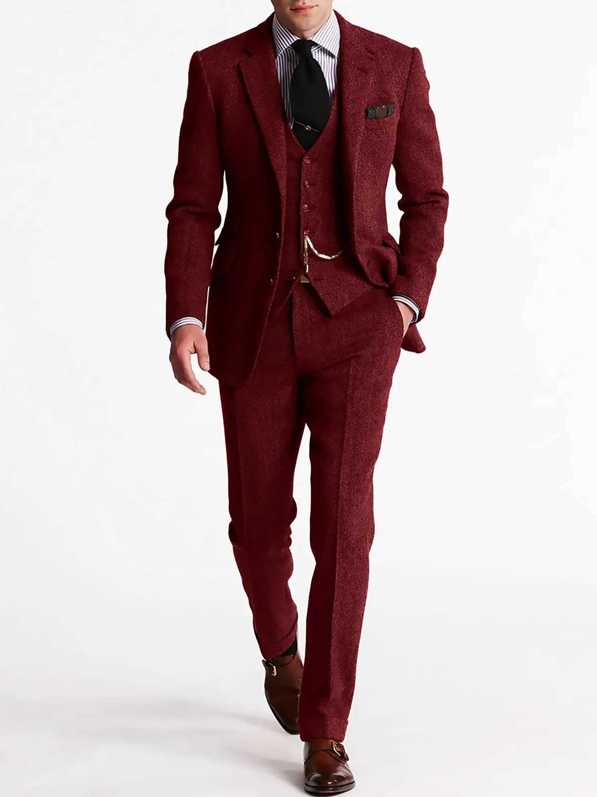 ANNIEBRITNEY Herringbone Tweed Suits for Men Slim Fit Tuxedo Man Suit Set Trajes De Hombre Anzug Herren Custom Made Men Suits W250910