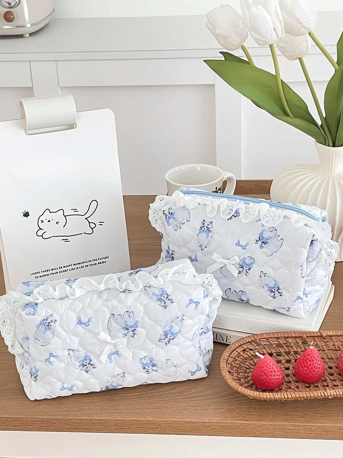 Bow Floral Women Quilted Cotton Cosmetic Bag Sweet Versatile Female Storage Bag Clutch Portable Commuter Ladies Purse HandbagsXJ250910