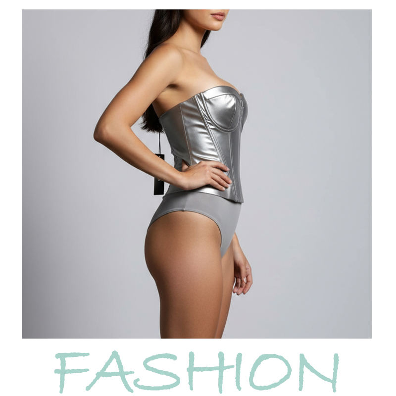 Women's Silver Satin Corset Bodysuit, Strappy Sexy Party Clubwear One - Piece Outfit