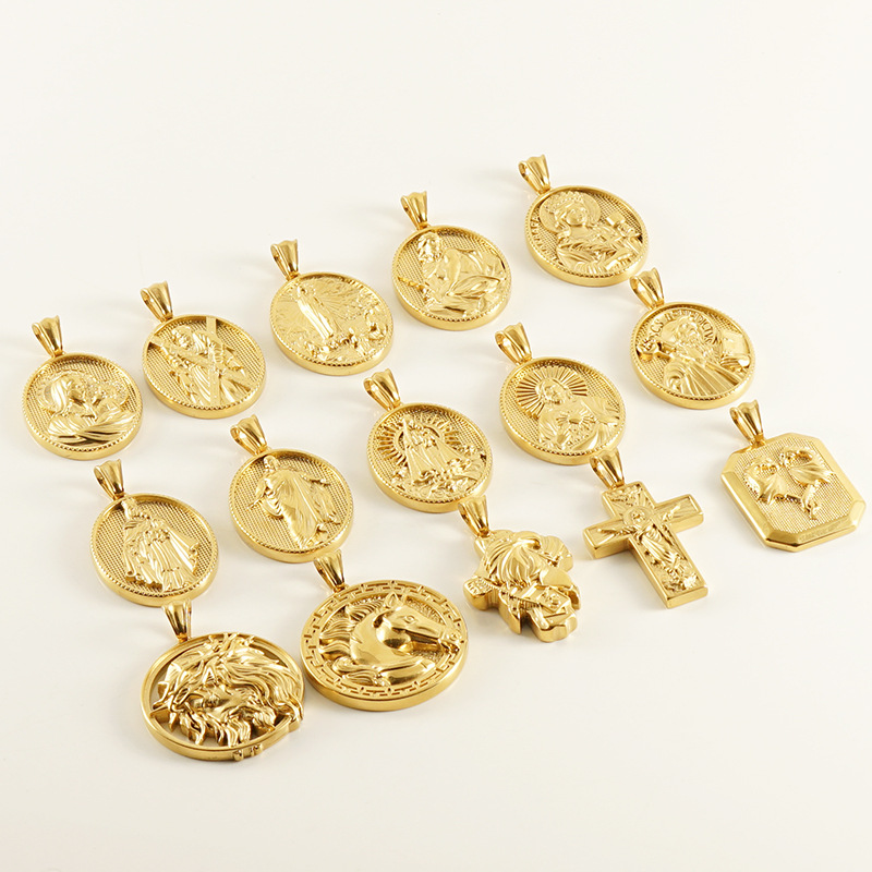 Non Tarnish 18K Gold Christian Necklace Statue Virgin Mary Jesus Cross Pendant Necklace Designer Jewelry Madonna Hip Hop Gold Necklaces for Woman Amul