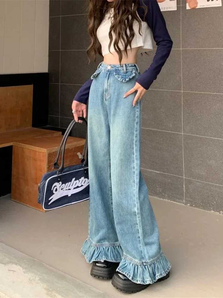 Ruffle Jeans Women Vintage American Style High Street Loose Hipster Y2k Denim Trousers Allmatch Flare Mopping Spring College Z250910