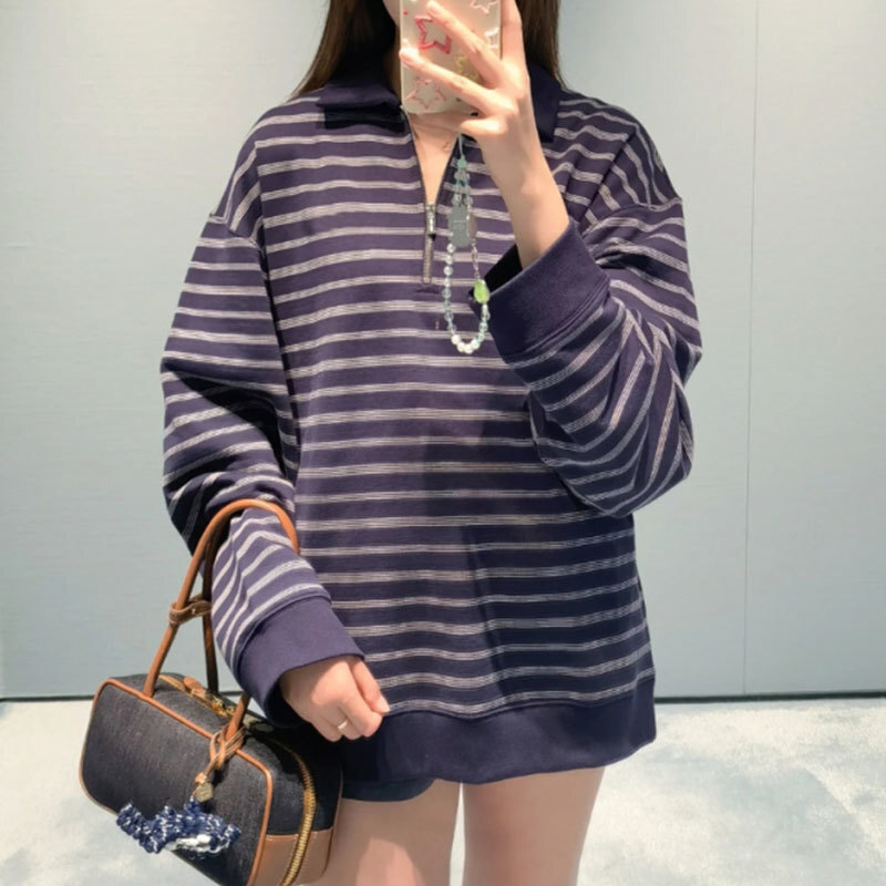Luxury Y2K Designer Elegant Retro Women's Navy Blue Pure Cotton Striped Pullovers Notched Collar Front Zipper Design Sweater Long Sleeve Daily We
