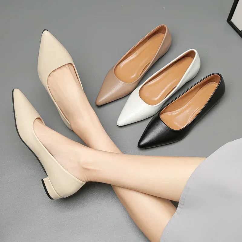 New Pointed Toe Shallow Mouth Square Heel Small Leather Shoes Womens Elegant Fashion High Heels Dress Shoes Zapatos Mujer W250910