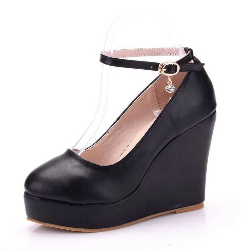Large size round toe platform highheeled shoes sloping single shoes with wedge heels white black wedge heels for women W250910