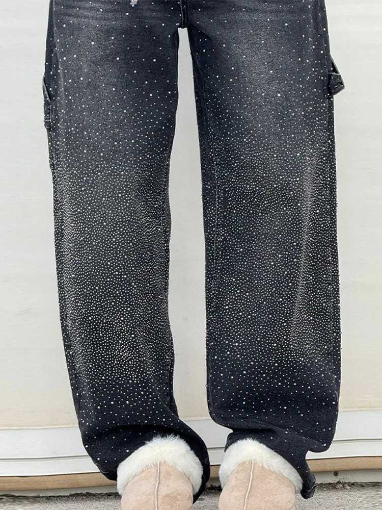 Shiny Rhinestone Baggy Womens Wide Leg Jeans Full Wide Leg Dragging Denim Pants Vintage Washed Pants Casual Trousers Z250910