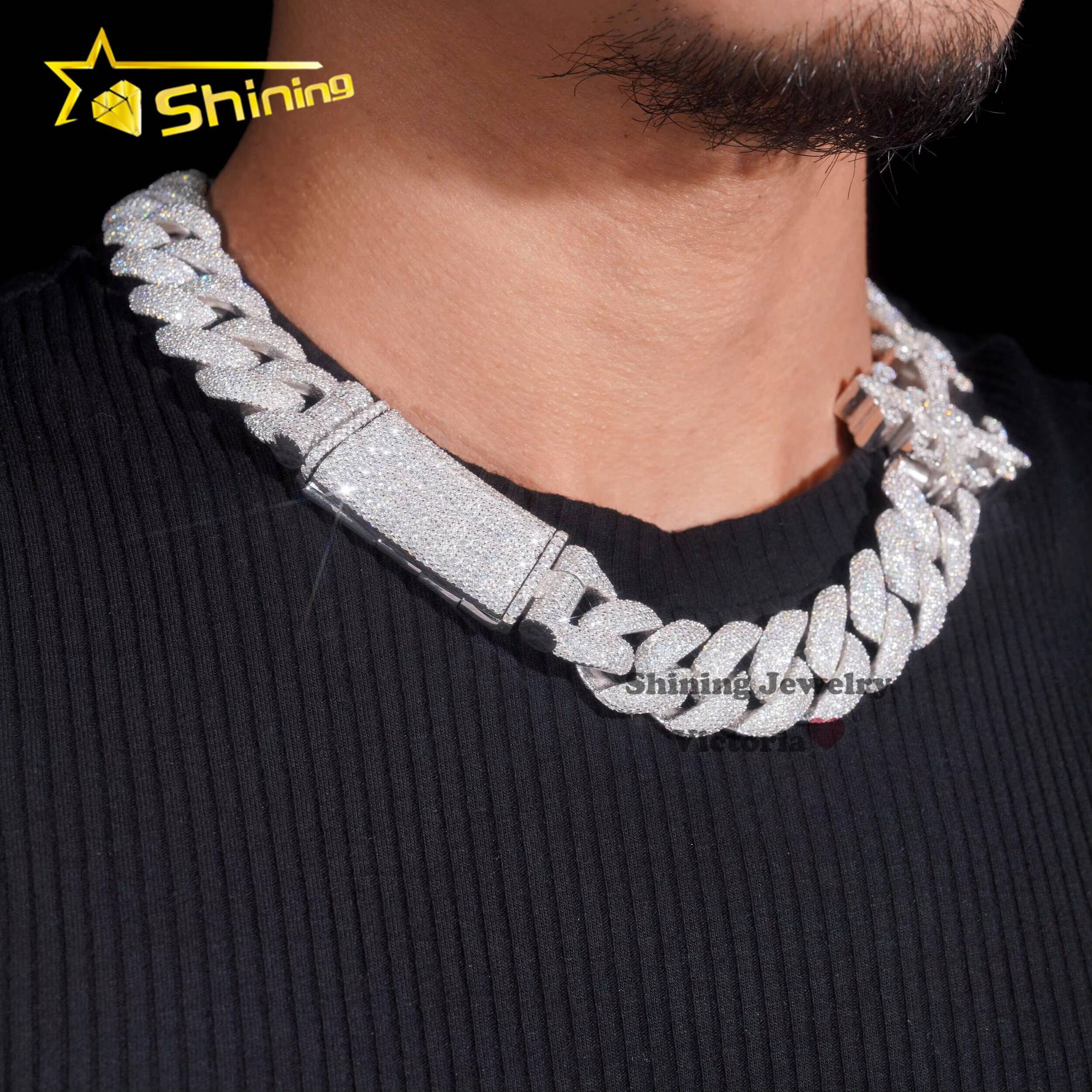 Custom Luxury Heavy Chain for Men 18MM Soild Silver Rappers Necklace Hip Hop Jewelry VVS Moissanite Diamond Cross Cuban Chain