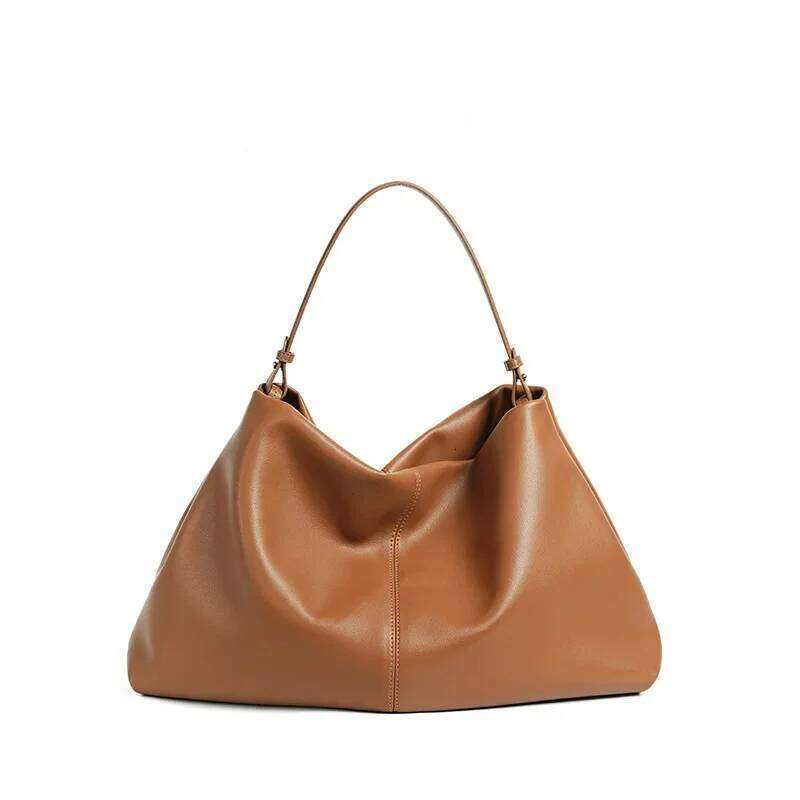 Business Huge Travel Tote Coffee Brown Color Slouchy Style Soft Cowhide Leather Women Shoulder Bag Work Handbag