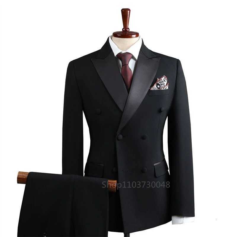 Black Mens 3 Pieces Suit Peak Lapel Double Breasted Jacket Vest Pants Wedding Groom Tuxedos Slim Fit Formal Business Suits W250910