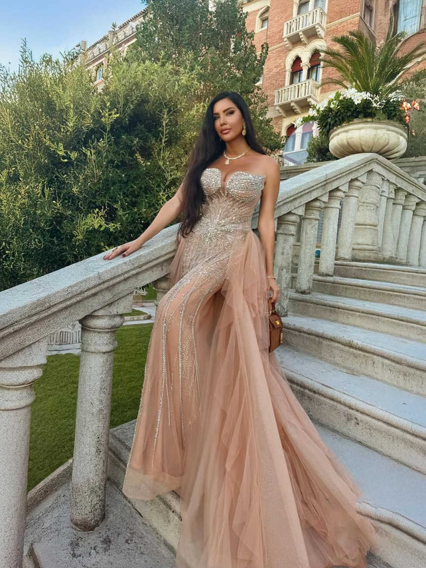 Designer Mermaid Evening Dress Strapless Crystal Beaded Prom Gowns Fashion Sleeveless Floor Length Party Dresses Customized