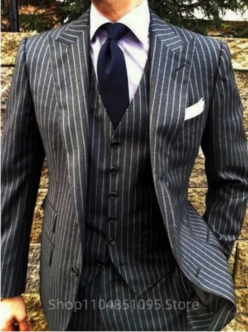 Fashion New Men Boutique Business Wedding Suit Gray Striped Coat Pants Vest 3Pcs Set Dress Smart Casual Groom Mens clothing W250910