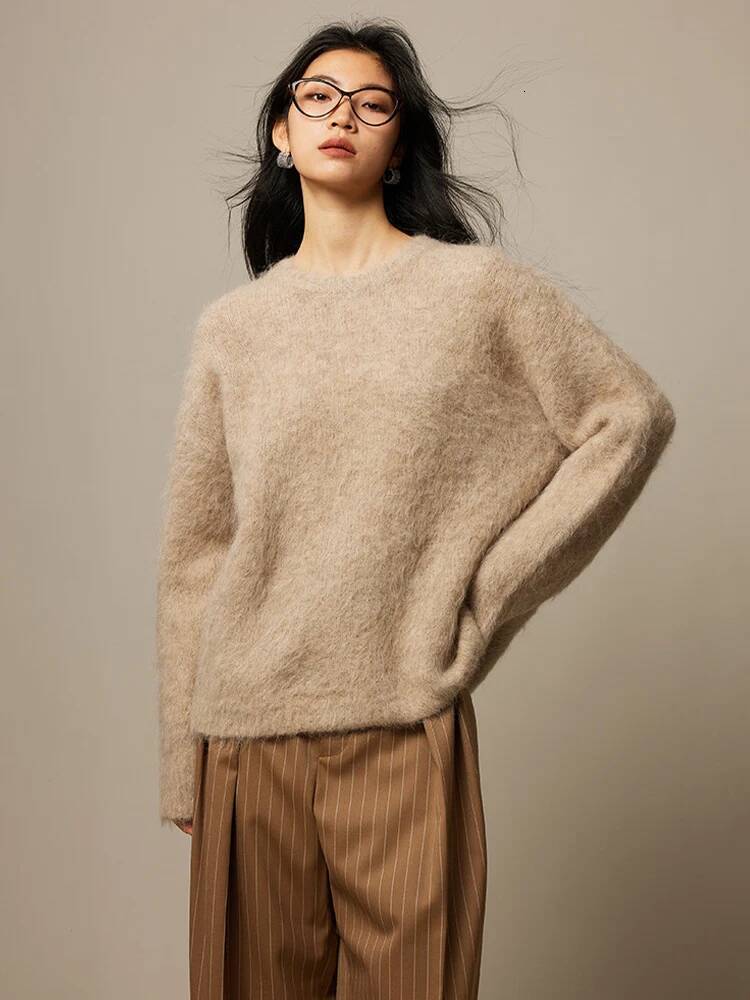 SuyaDream Warm Alpaca Pullovers for Woman, Dropped Sleeved Loose Sweaters, 2025 Fall Winter Top, Camel, Beige dongdumaoyi