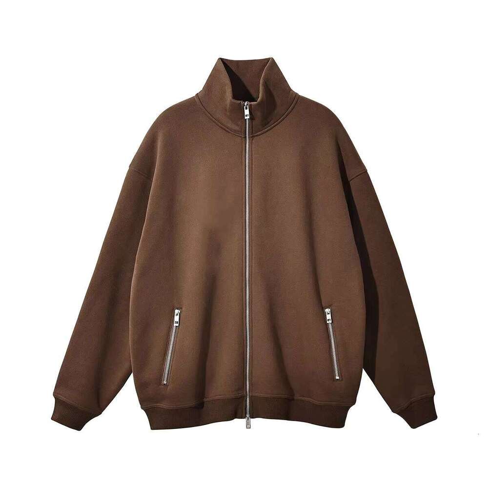 Drop Shoulder Oversized Hoodie Men's Stand Collar Wool Sweatshirt with Zipper Pocket