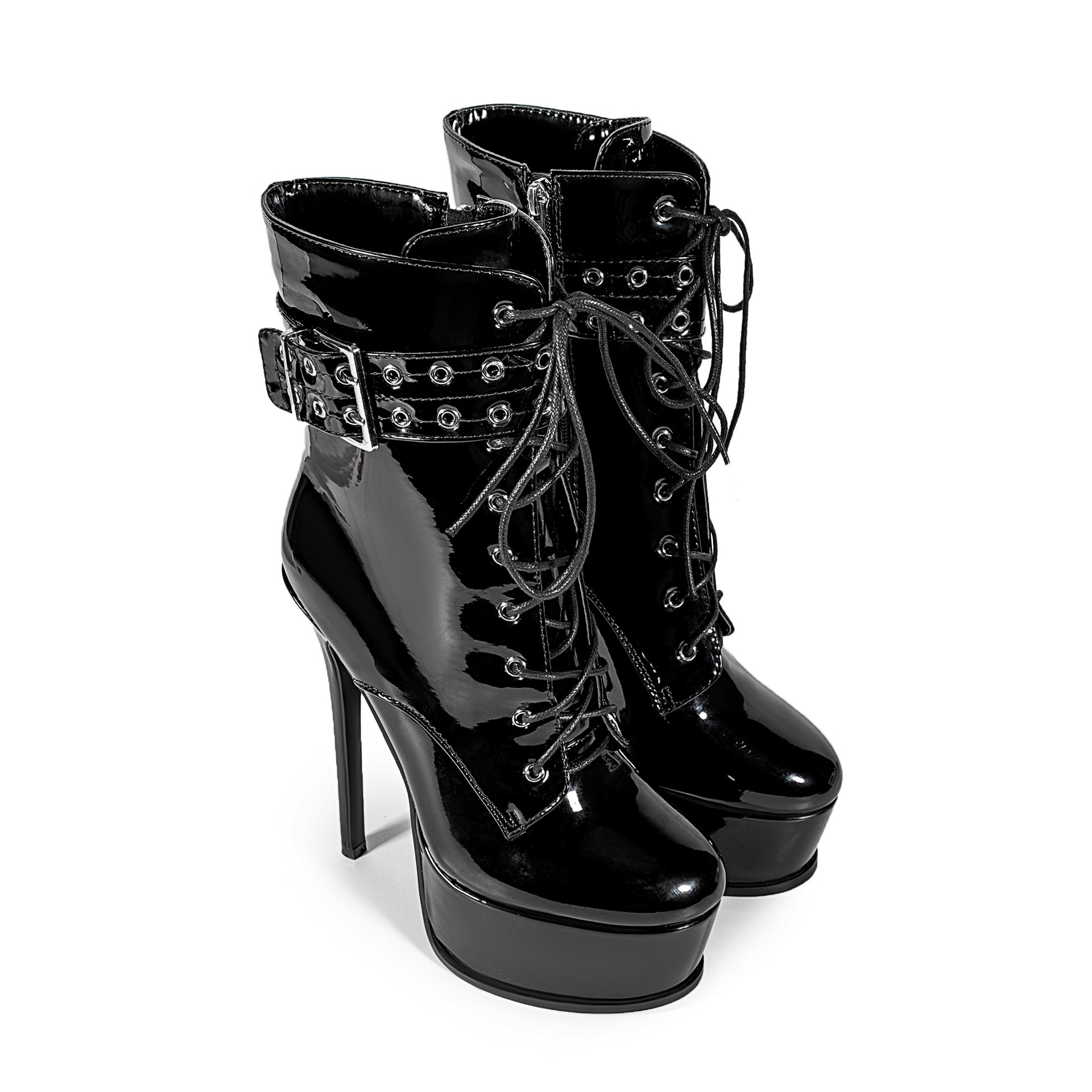 Chengdu Artisan Platform Stiletto Ankle Boots - Buckle and Stud Detail Fashion Boots (Black) Chunky Heel Women's Boots