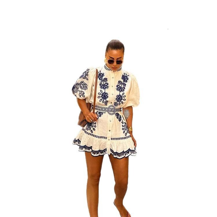 2025 Spring New European design and American Fashion Women's Fashion Printed Single breasted Stand collar Fluffy Short sleeved Dress Designer Dre