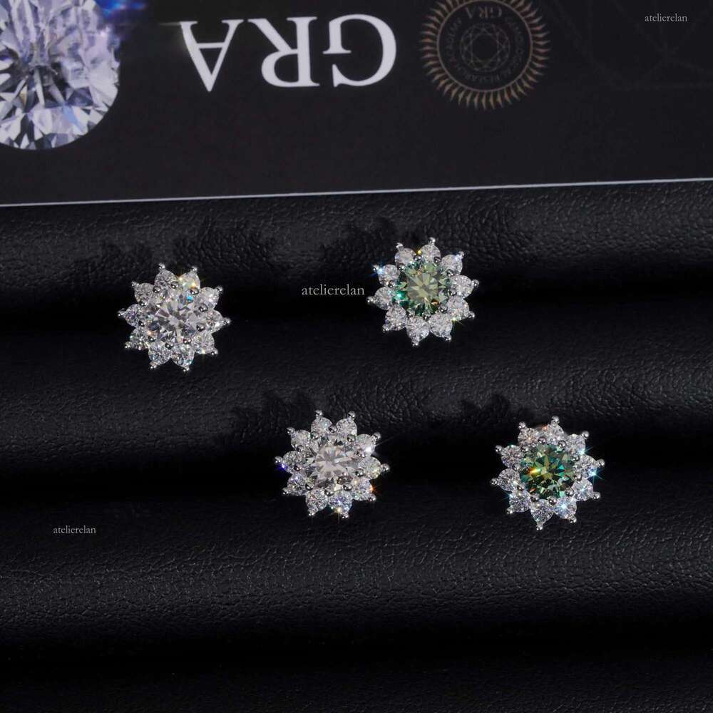 Fine Jewelry Sterling Sier Screw Back Blue Green Moissanite Dia Suower Hip Hop Stud Earrings