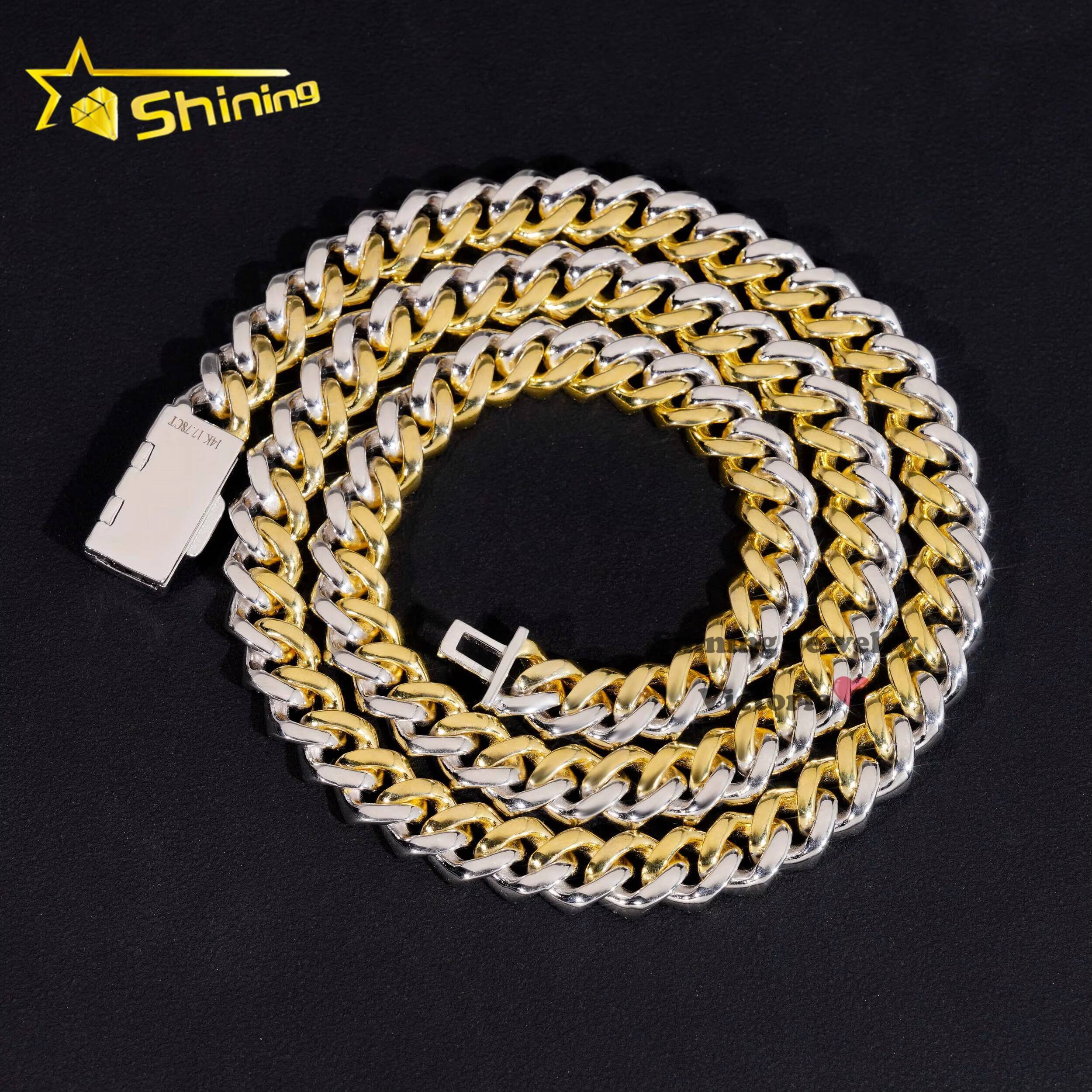 Trendy Pass Diamond Tester Charm Necklace 10MM Three Rows Two Tone Gold Plated 925 Silver Moissanite Diamond Cuban Link Chain