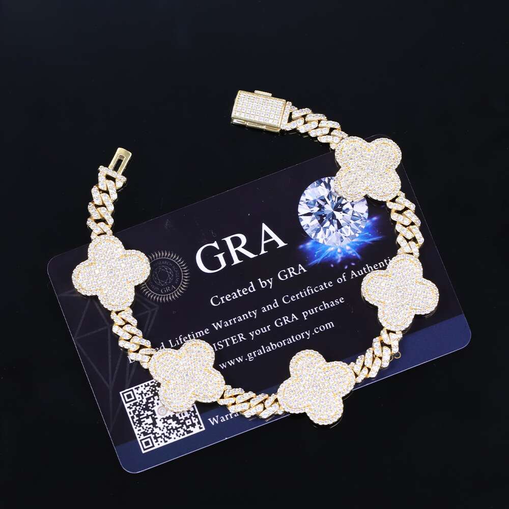 Lucky Four Leaf Clover Jewelry 6mm Wide Gold Plated VVS Moissanite For Men Sier Cuban Link Bracelet