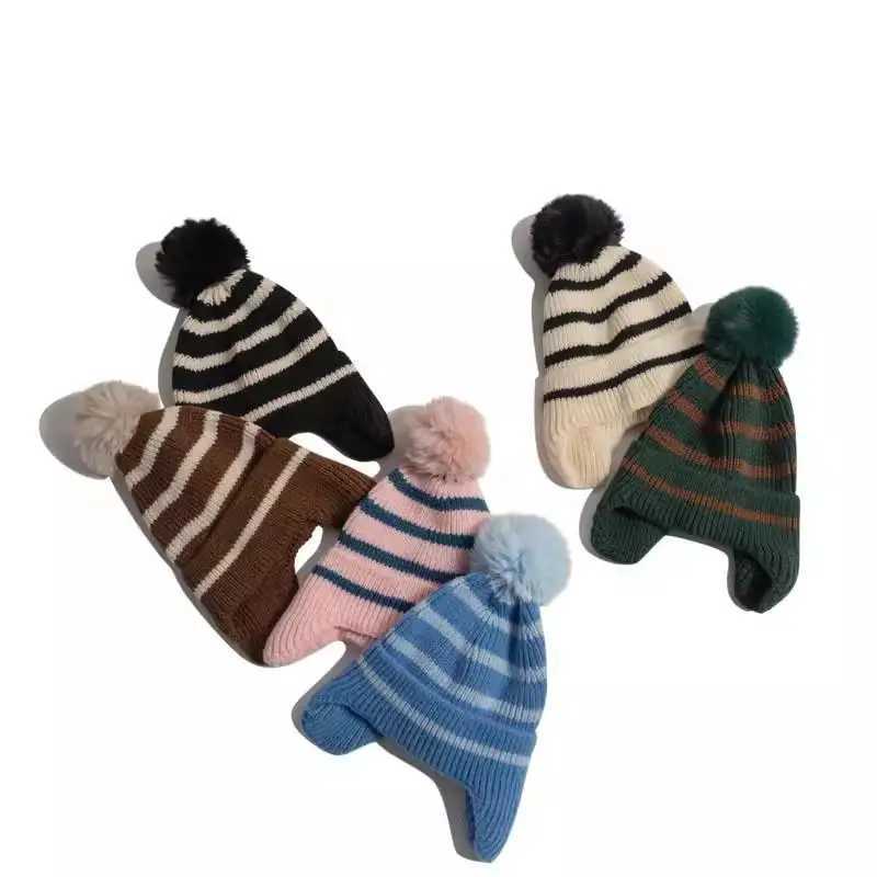 Baby Hat Winter Autumn Korean Striped Knitted Ear Protection Keep Warm Beanie Hats For Girls Boys With Pompom Ball Children NewXJ250910