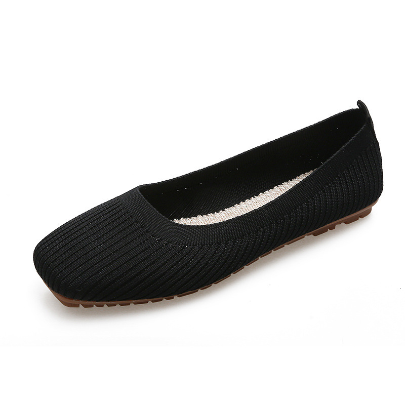 Designer single shoe women's flat shoes autumn new soft sole square toe shallow breathable slip on knitted grandma shoes women's casual shoe