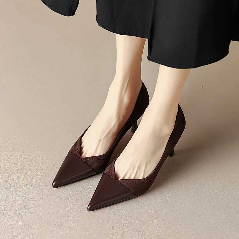 2023 New Stitching High Heels Womens Single Shoes Pointed Thin Temperament Hollowed Out Apricot Matching Shallow Mouth W250910