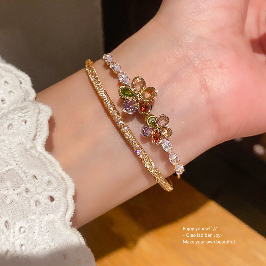 Gold - Toned Bangle With Flower - Shaped Colorful Gemstones, Sparkly Pave Design Delicate Daily & Elegant Jewelry Gift For Her High - Quality And Char
