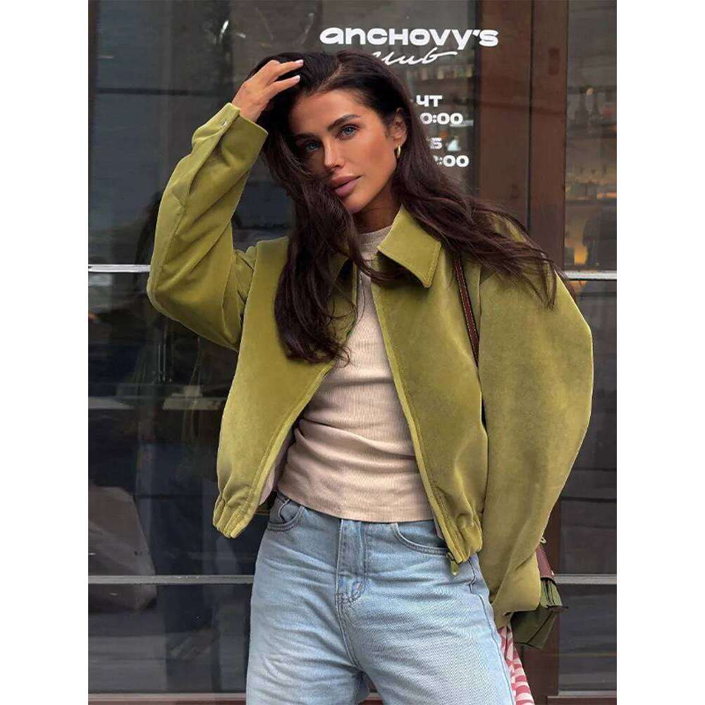 Designer Clothing 2025 Vintage Suede Cropped Jacket Women's Spring Fall Olive Green Casual Daily Zipper Coat 2025 New Outerwears Chic Streetwear