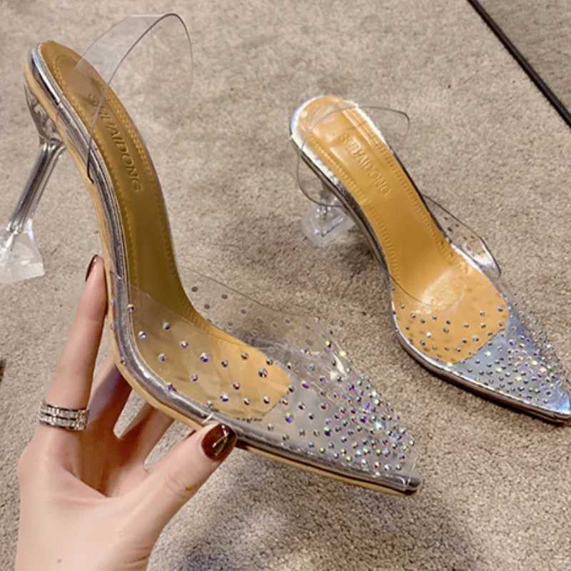 Women High Heel Shoes Summer Bling Transparent Plastic Thin Heels Women Slingbacks Shoes Dress Party Pionted Toe Heels Shoes W250910